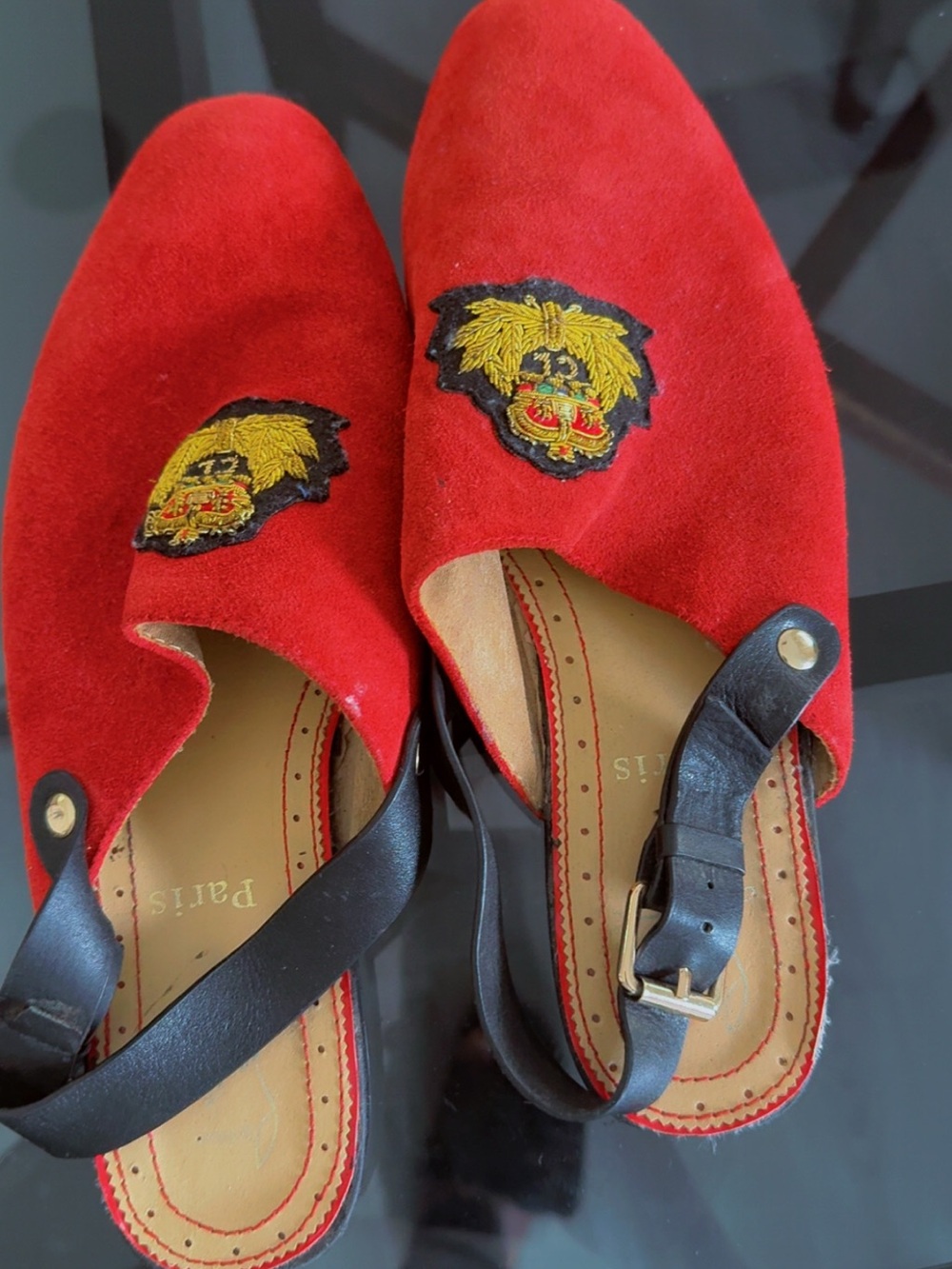 Christian Louboutin Red Suede Crest-Embroidered Slingback Loafers